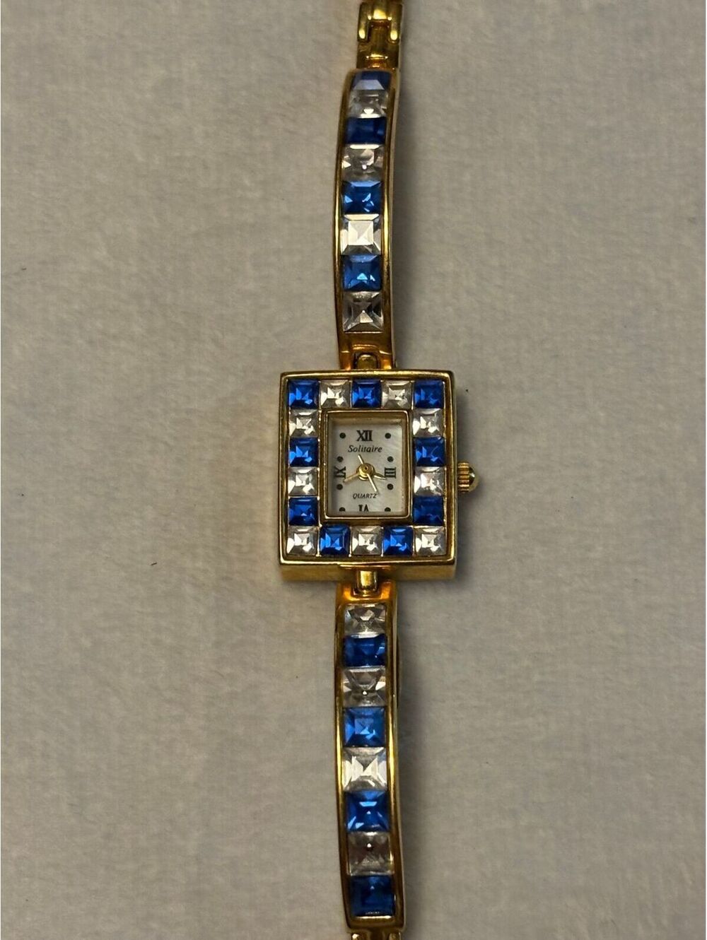 Vintage Solitaire Japan Movement Quartz Gold Tone Rhinestone Encrusted Watch
